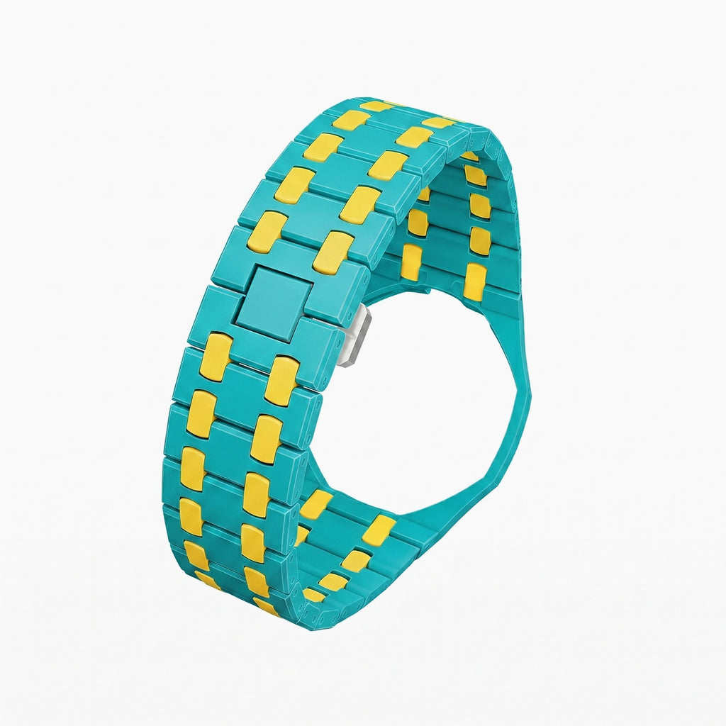 OTG Roz Swatch × AP Royal Pop Ceramic Case-Strap — bare playful pink-and-teal with a yellow bezel ceramic bracelet with empty case bracket, front view, by IFL Watches