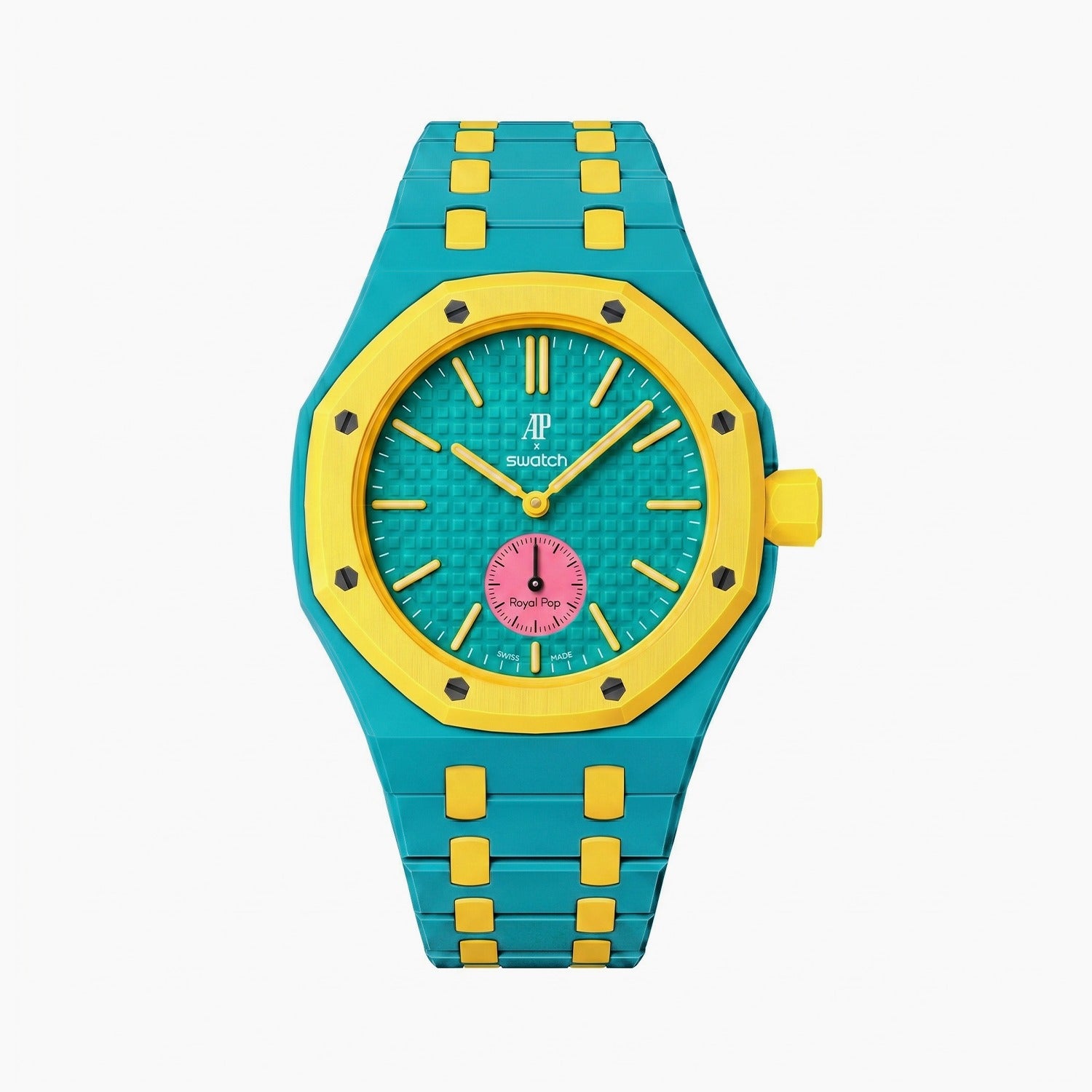 OTG Roz Swatch × AP Royal Pop Ceramic Case-Strap — playful pink-and-teal with a yellow bezel kit with the Royal Pop head seated in the case, by IFL Watches