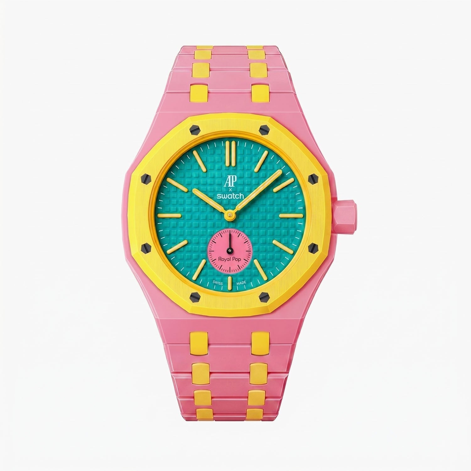 OTG Roz Swatch × AP Royal Pop Ceramic Case-Strap Pink — pink kit with the OTG Roz teal-dial Royal Pop seated in the case, by IFL Watches