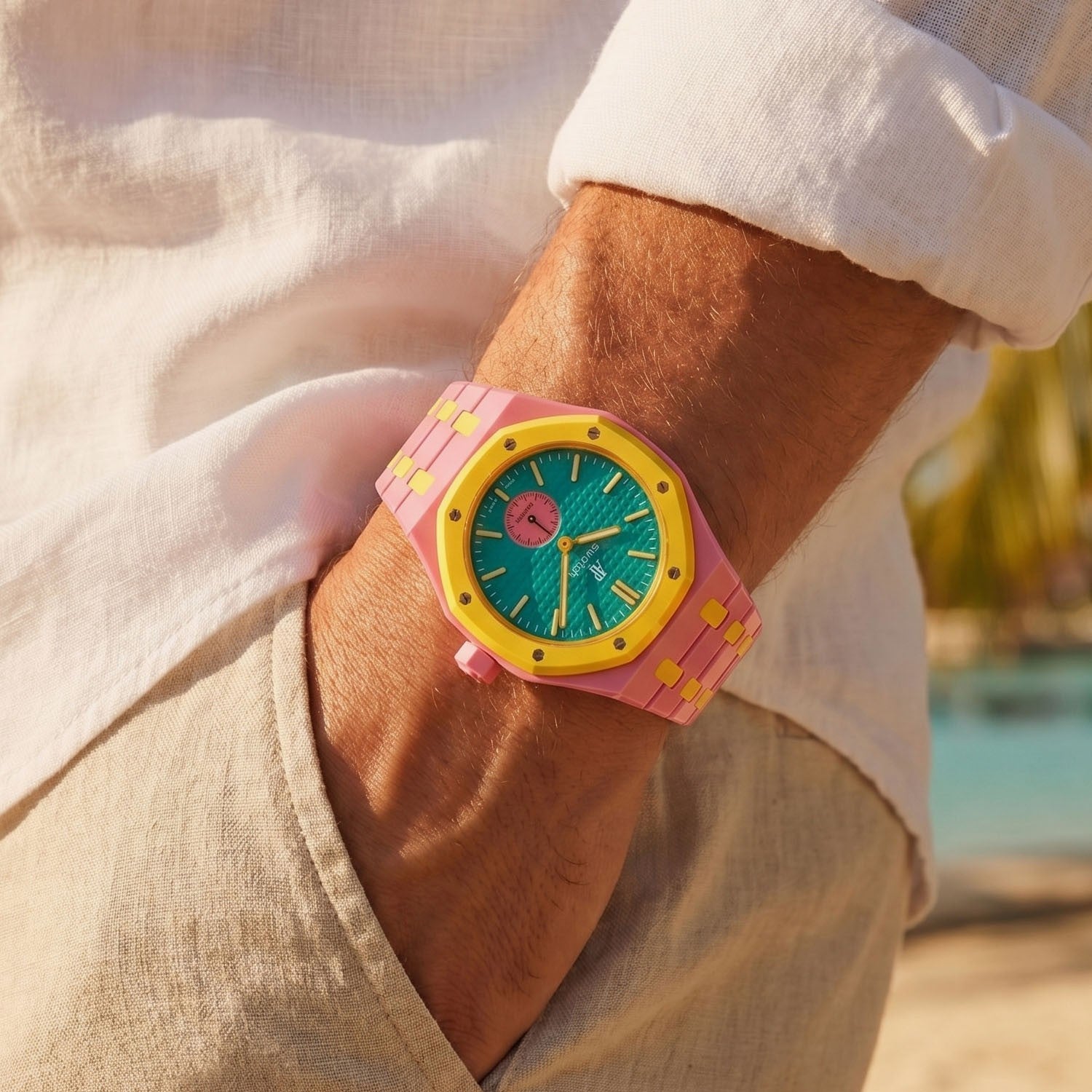 OTG Roz Swatch × AP Royal Pop Ceramic Case-Strap Pink — worn in a pocket scene, by IFL Watches