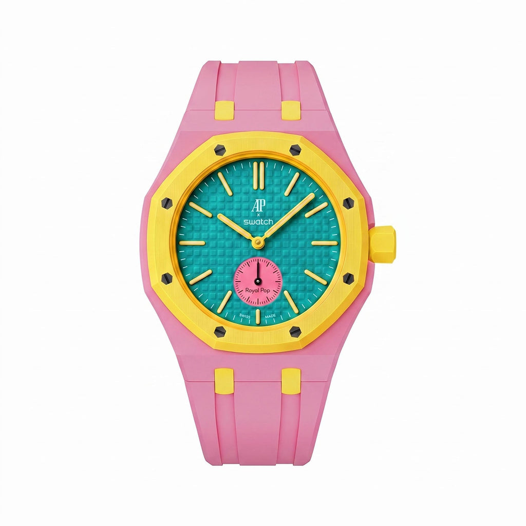OTG Roz Swatch × AP Royal Pop Rubber Case-Strap — worn in a beach scene, by IFL Watches