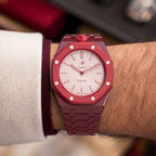Otto Rosso Swatch × AP Royal Pop Bioceramic Case-Strap — worn in a lounge scene, by IFL Watches