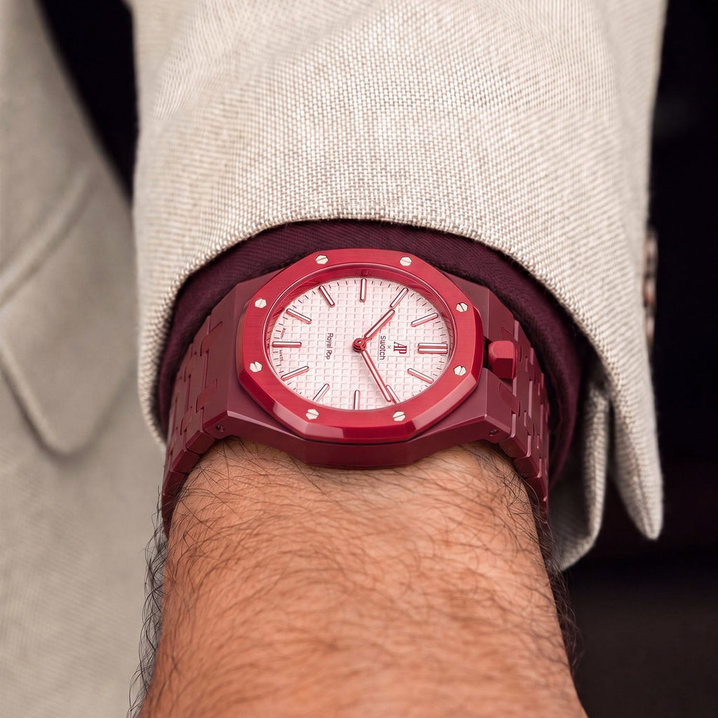 Otto Rosso Swatch × AP Royal Pop Bioceramic Case-Strap — worn in a lounge scene, by IFL Watches