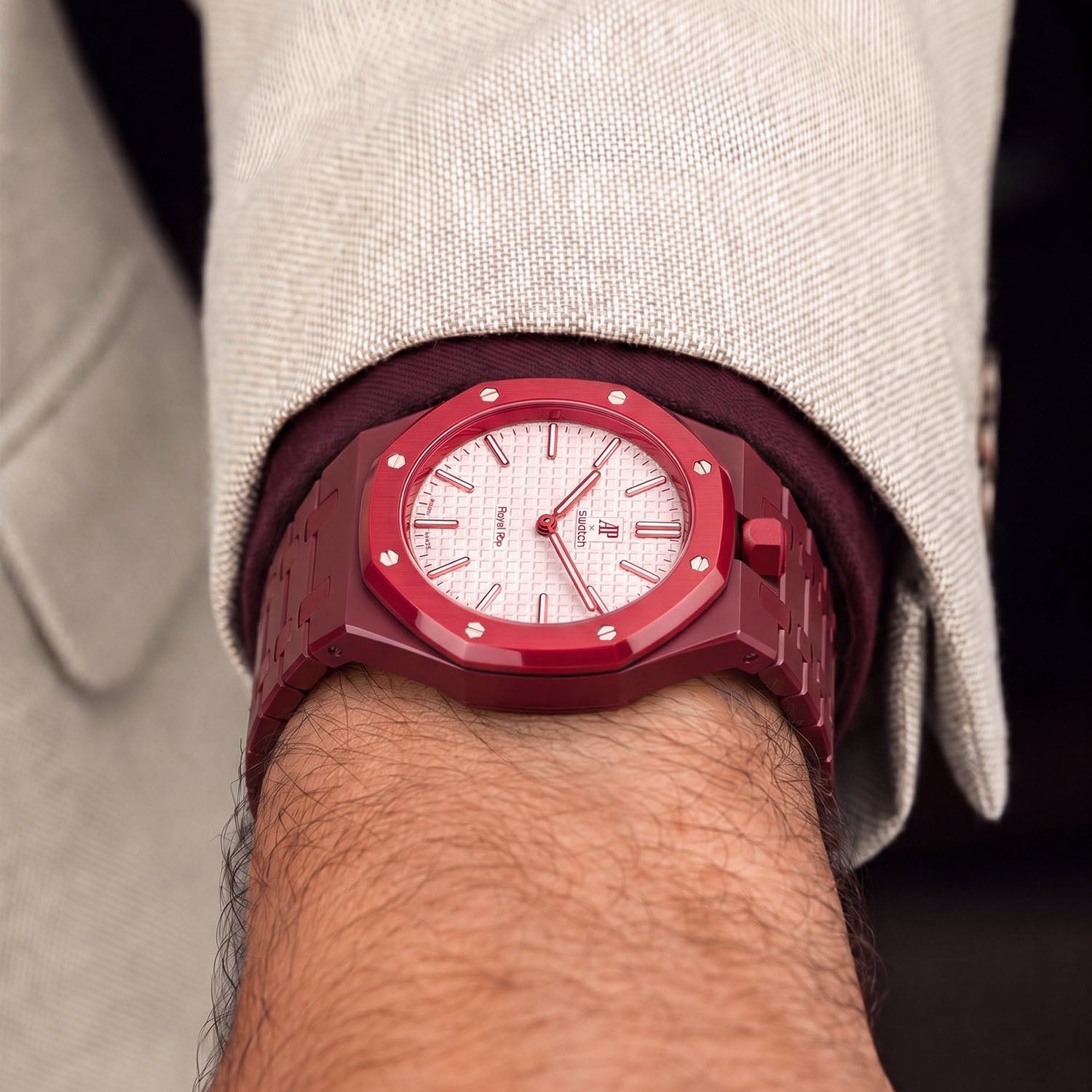 Otto Rosso Swatch × AP Royal Pop Bioceramic Case-Strap — worn in a lounge scene, by IFL Watches