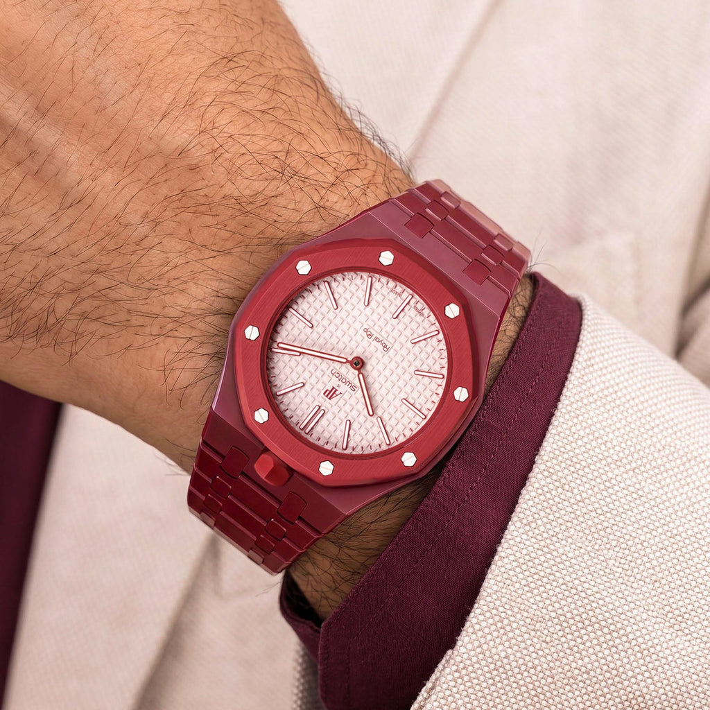 Otto Rosso Swatch × AP Royal Pop Bioceramic Case-Strap — worn in a lounge scene, by IFL Watches
