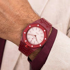 Otto Rosso Swatch × AP Royal Pop Bioceramic Case-Strap — worn in a lounge scene, by IFL Watches