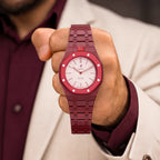 Otto Rosso Swatch × AP Royal Pop Bioceramic Case-Strap — worn in a lounge scene, by IFL Watches