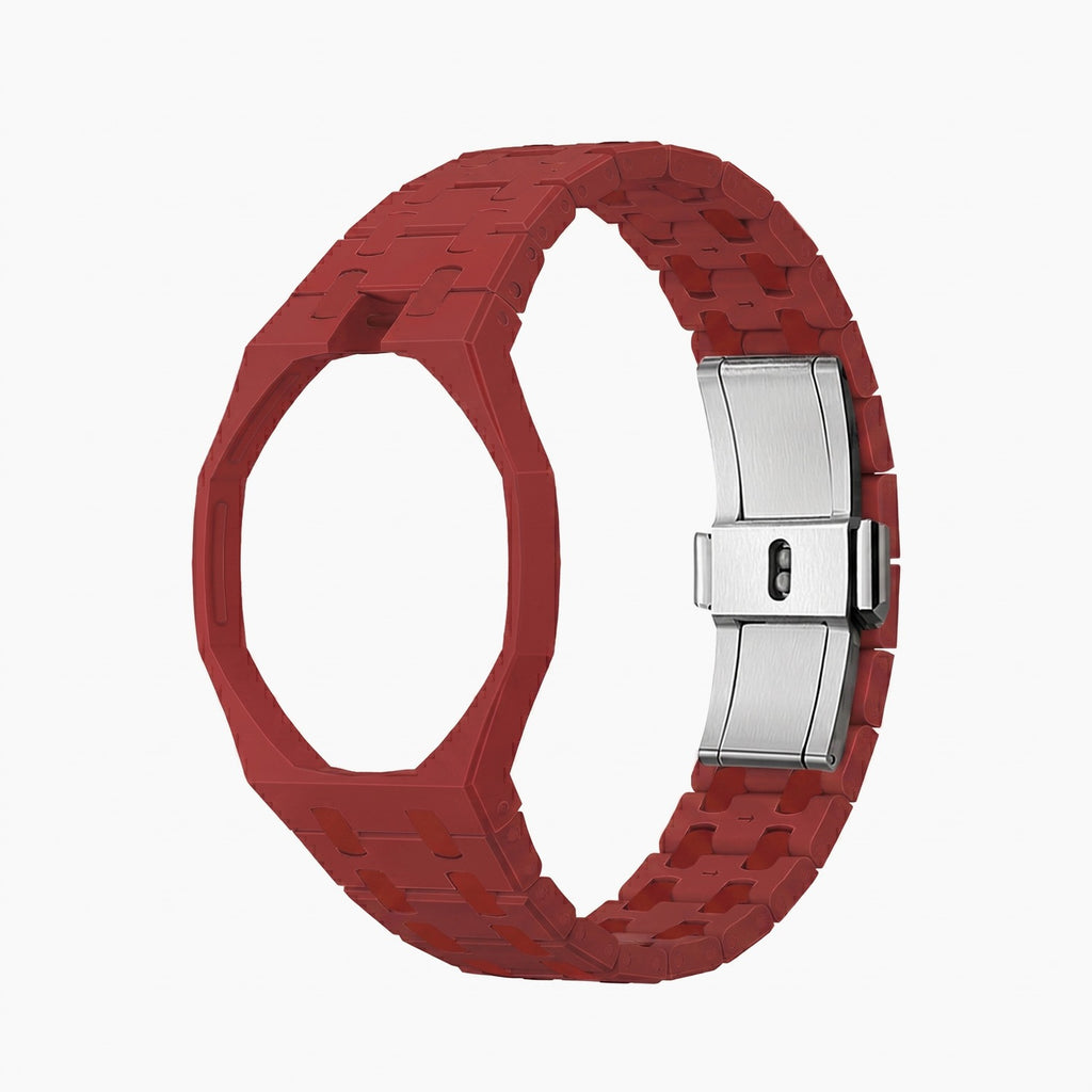 Otto Rosso Swatch × AP Royal Pop Ceramic Case-Strap — bare soft pink with a red bezel ceramic bracelet with empty case bracket, side view, by IFL Watches