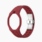 Otto Rosso Swatch × AP Royal Pop Bioceramic Case-Strap — bare soft pink with a red bezel bioceramic bracelet with empty case bracket, side view, by IFL Watches