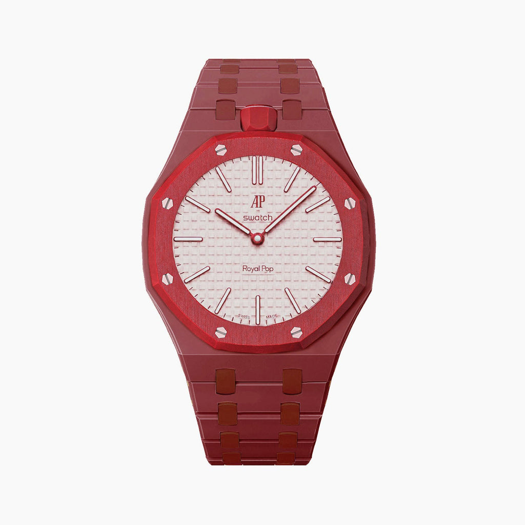 Otto Rosso Swatch × AP Royal Pop Bioceramic Case-Strap — soft pink with a red bezel kit with the Royal Pop head seated in the case, by IFL Watches