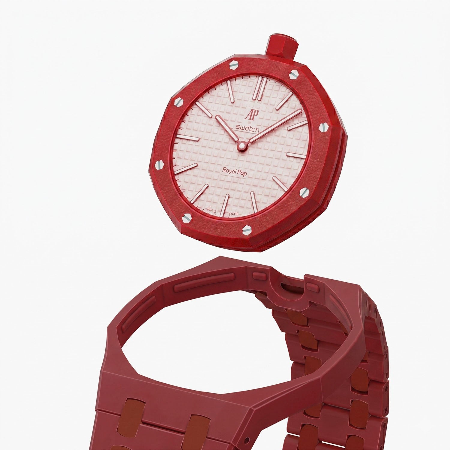 Otto Rosso Swatch × AP Royal Pop Bioceramic Case-Strap — case and strap shown separately above the Royal Pop, by IFL Watches