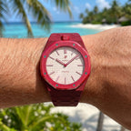 Otto Rosso Swatch × AP Royal Pop Bioceramic Case-Strap — worn in a beach scene, by IFL Watches