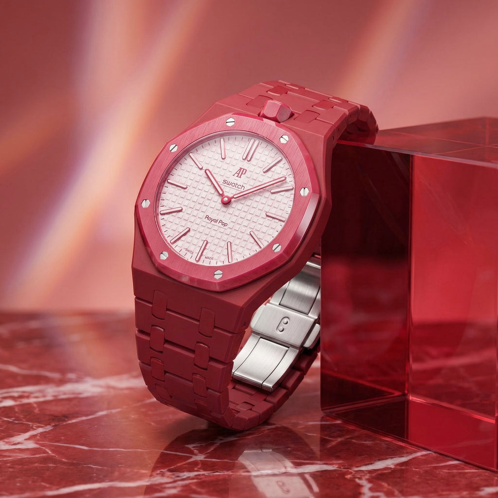 Otto Rosso Swatch × AP Royal Pop Bioceramic Case-Strap — worn in a marble scene, by IFL Watches