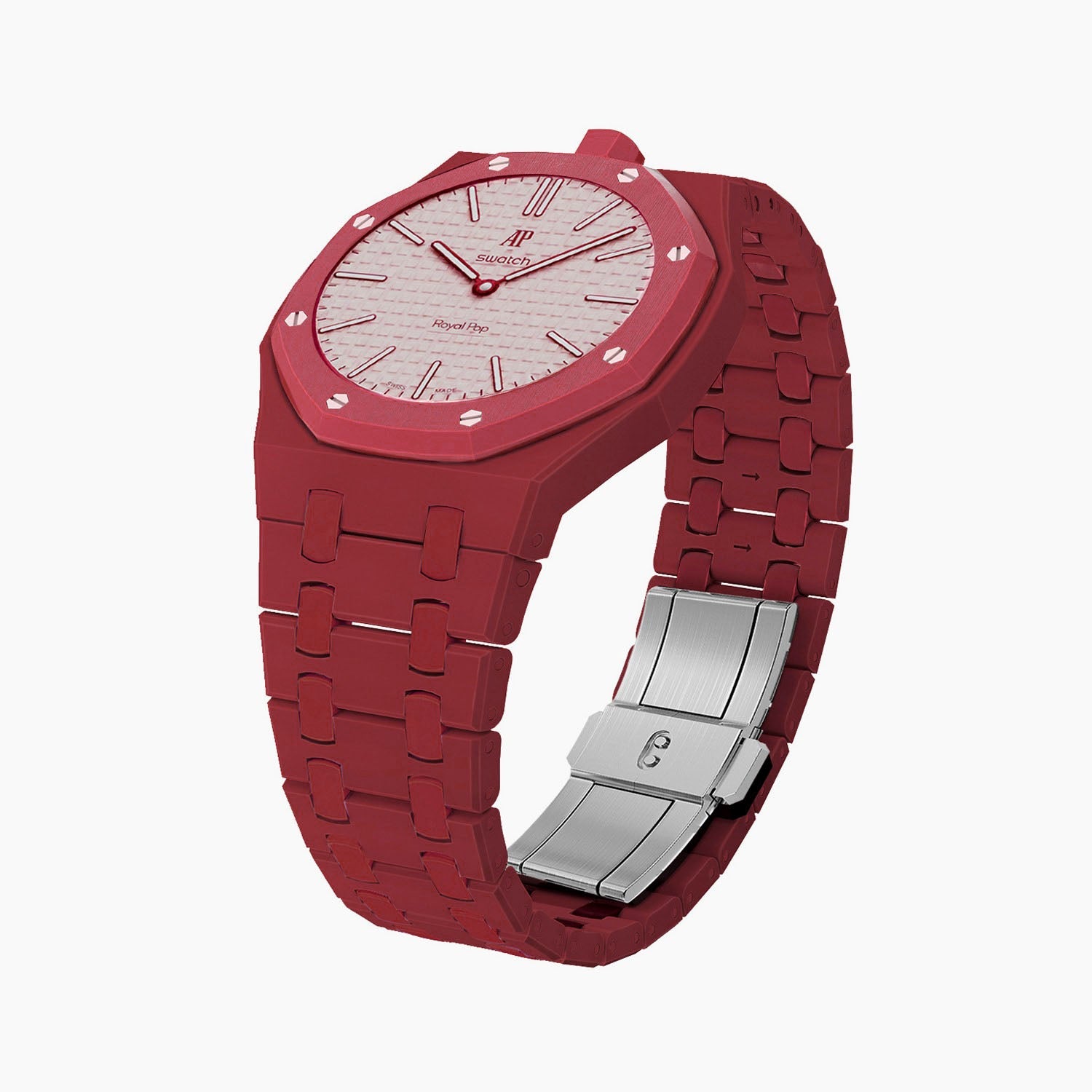 Otto Rosso Swatch × AP Royal Pop Bioceramic Case-Strap — the Royal Pop Otto Rosso seated in our bioceramic kit, three-quarter view, by IFL Watches