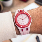 Otto Rosso Swatch × AP Royal Pop Rubber Case-Strap — the Royal Pop Otto Rosso seated in our rubber kit, three-quarter view, by IFL Watches