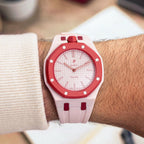 Otto Rosso Swatch × AP Royal Pop Rubber Case-Strap — the Royal Pop Otto Rosso seated in our rubber kit, three-quarter view, by IFL Watches