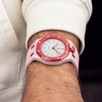 Otto Rosso Swatch × AP Royal Pop Rubber Case-Strap — the Royal Pop Otto Rosso seated in our rubber kit, three-quarter view, by IFL Watches