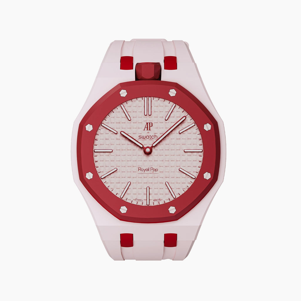 Otto Rosso Swatch × AP Royal Pop Rubber Case-Strap — soft pink with a red bezel kit with the Royal Pop head seated in the case, by IFL Watches