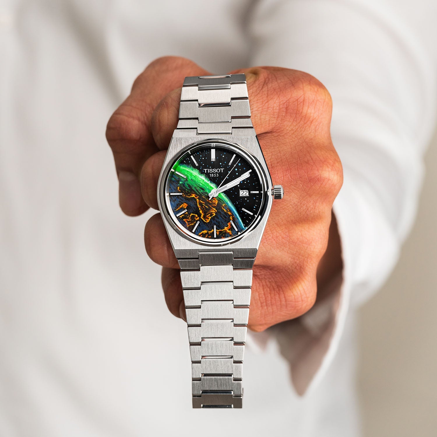 PRX Terra Aurora – Hand-painted concept on Tissot PRX featuring custom Aurora Borealis artwork, limited edition by IFL Watches