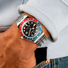 Timex Q GMT Crimson Sky – hand-painted custom Timex Q GMT with red and blue abstract artwork by IFL Watches