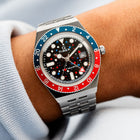 Timex Q GMT Crimson Sky – hand-painted custom Timex Q GMT with red and blue abstract artwork by IFL Watches