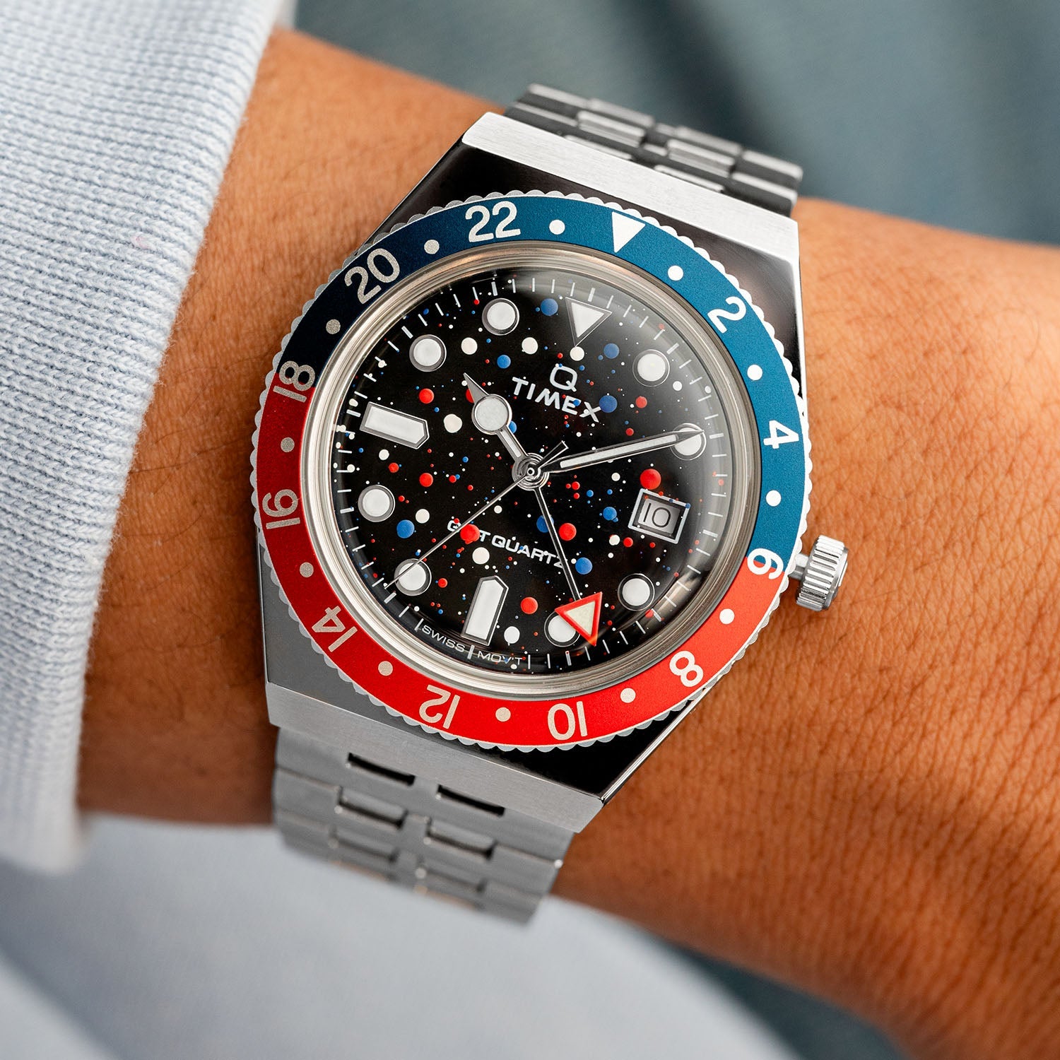 Timex Q GMT Crimson Sky – hand-painted custom Timex Q GMT with red and blue abstract artwork by IFL Watches