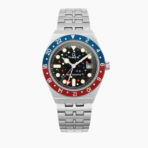 Timex Q GMT Crimson Sky – hand-painted custom Timex Q GMT with red and blue abstract artwork by IFL Watches