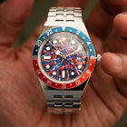 Timex Q GMT Crimson Tide – hand-painted custom Timex Q GMT with red and blue abstract artwork by IFL Watches