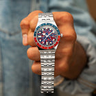 Timex Q GMT Crimson Tide – hand-painted custom Timex Q GMT with red and blue abstract artwork by IFL Watches