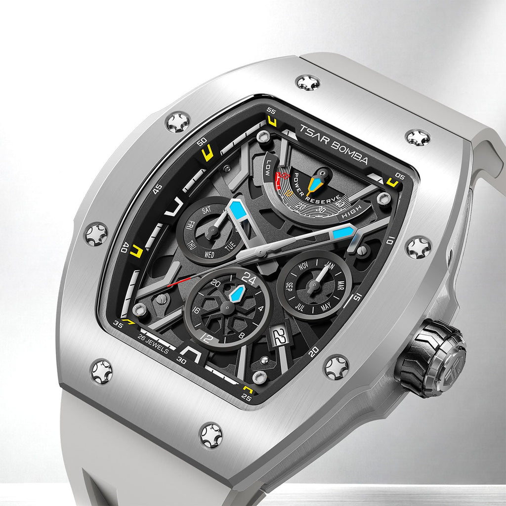 Tsar Bomba Atomic Ghost Grey — Close three-quarter view of the layered skeleton dial with blue and yellow accents, available at IFL Watches.
