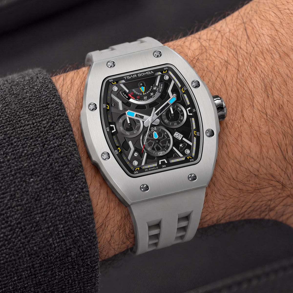 Tsar Bomba Atomic Ghost Grey — Worn on wrist at an angle, showing the crown and sub-dials, available at IFL Watches.