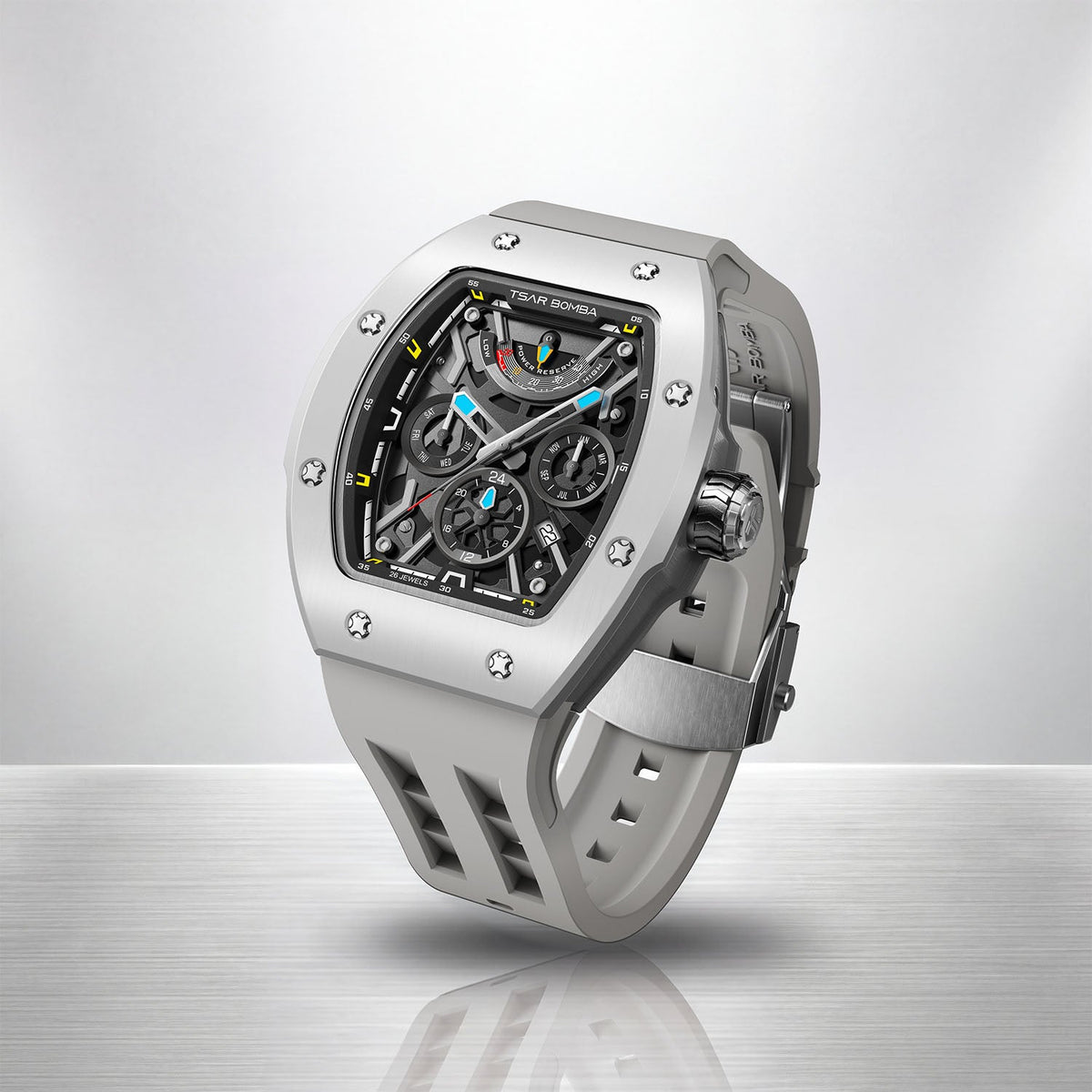 Tsar Bomba Atomic Ghost Grey — Standing on a polished floor, showing the strap and case profile, available at IFL Watches.