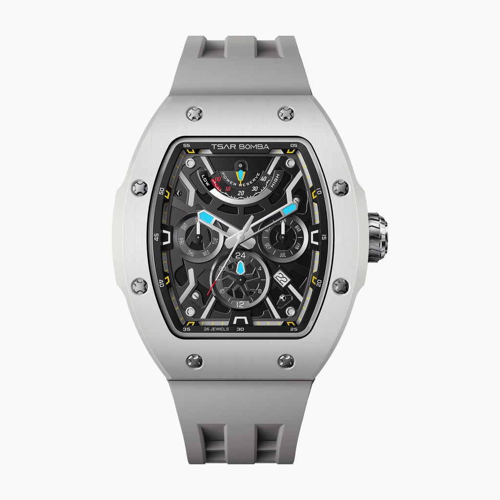 Tsar Bomba Atomic Ghost Grey — Front view of the skeleton dial with power reserve, day, month and AM/PM sub-dials in a 45mm grey ceramic tonneau case on matching strap, available at IFL Watches.