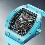 Tsar Bomba Atomic Lake Blue — Close three-quarter view of the layered skeleton dial with green and blue accents, available at IFL Watches.