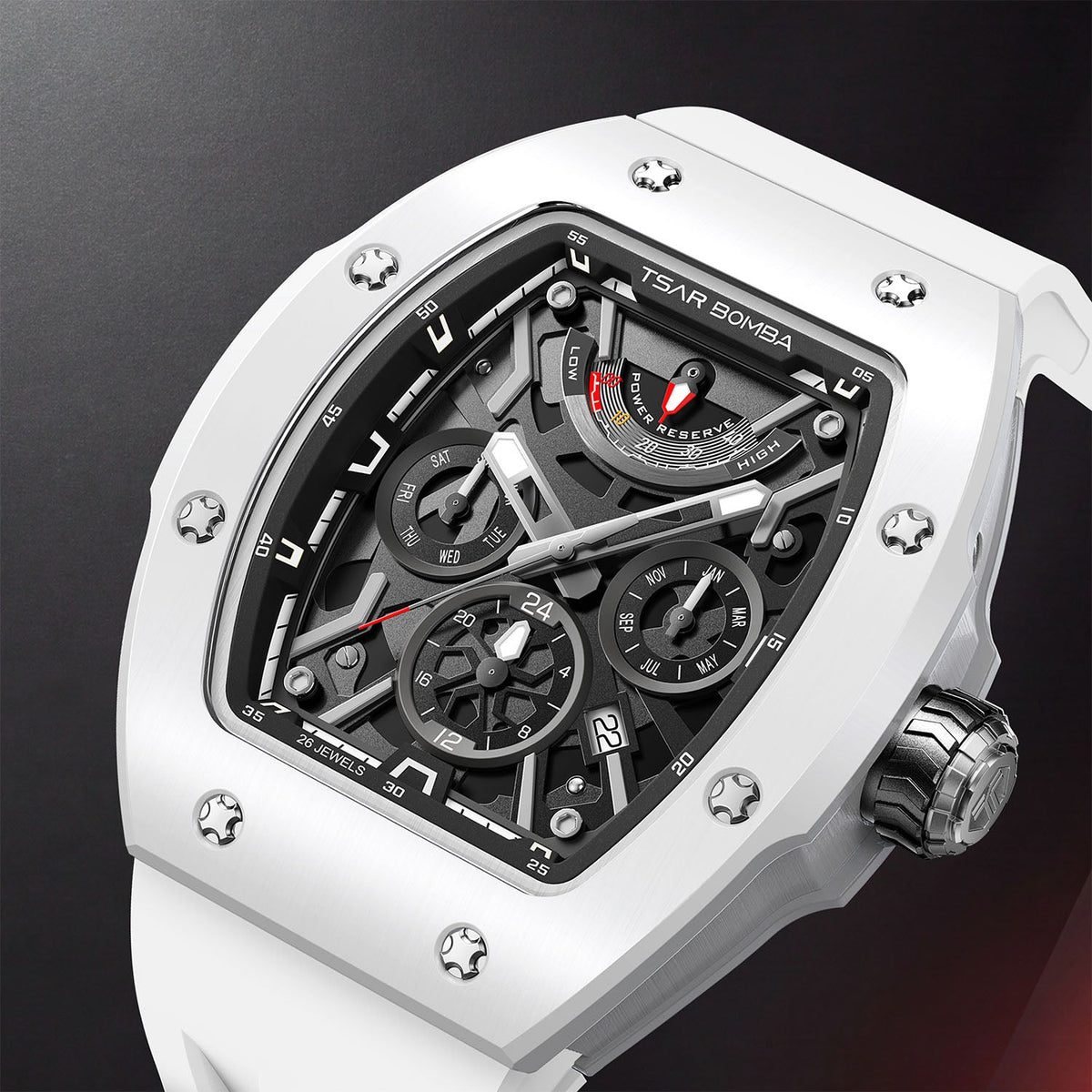 Tsar Bomba Atomic White — Close three-quarter view of the layered skeleton dial with red and silver accents, available at IFL Watches.