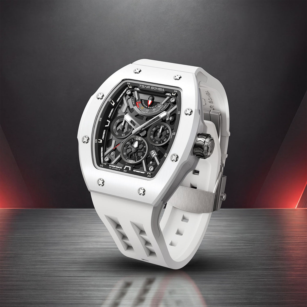 Tsar Bomba Atomic White — Standing on a polished floor, showing the strap and case profile, available at IFL Watches.