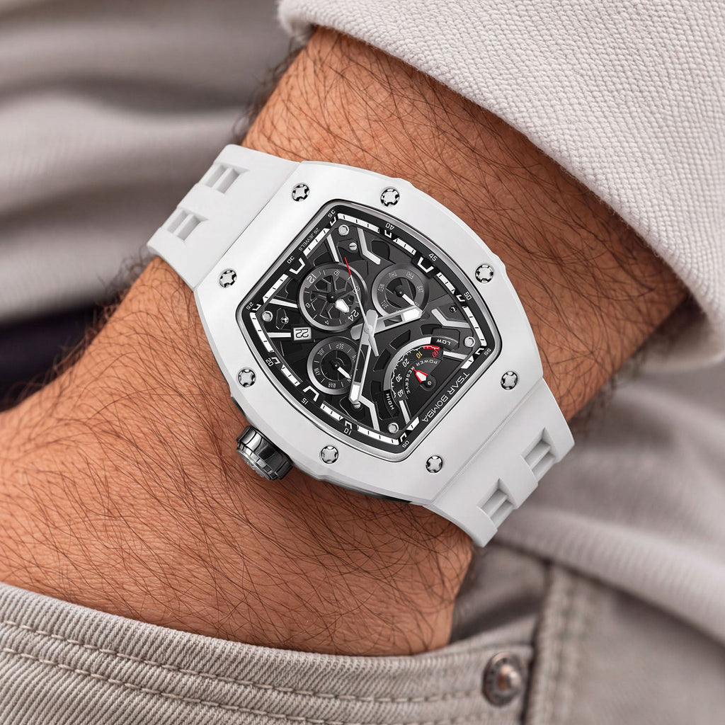 Tsar Bomba Atomic White — Worn on wrist with a hand in pocket, seen from a relaxed angle, available at IFL Watches.