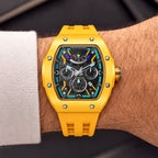 Tsar Bomba Atomic Yellow — Worn on wrist with a knit sleeve, showing the tonneau case, available at IFL Watches.