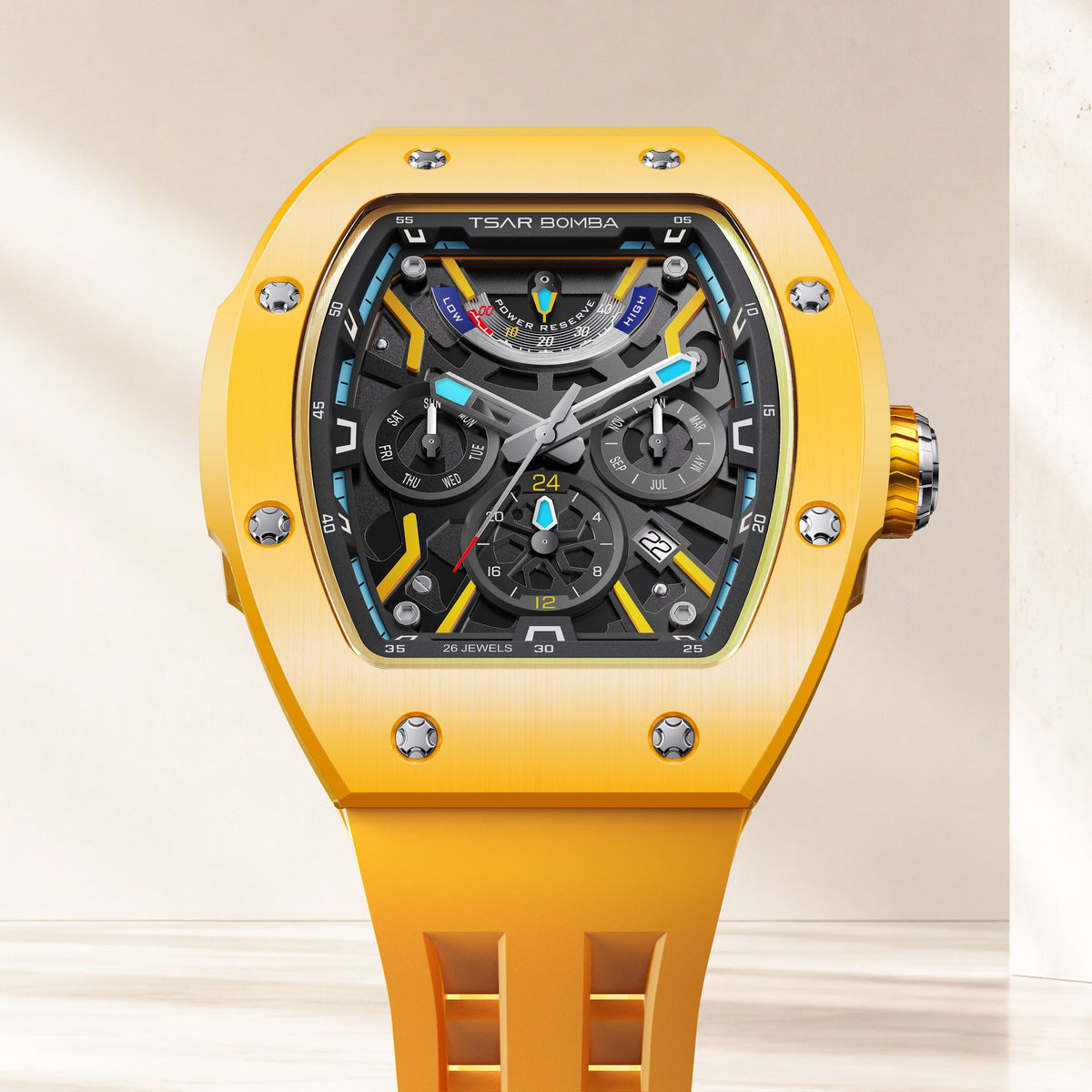 Tsar Bomba Atomic Yellow — Standing on a reflective surface in front view, showing the sapphire crystal over the movement, available at IFL Watches.