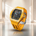 Tsar Bomba Atomic Yellow — Standing on a polished floor, showing the strap and case profile, available at IFL Watches.