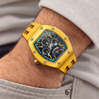 Tsar Bomba Atomic Yellow — Worn on wrist with a hand in pocket, seen from a relaxed angle, available at IFL Watches.