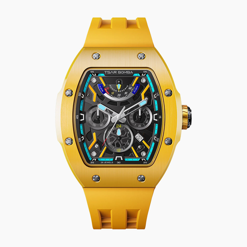 Tsar Bomba Atomic Yellow — Front view of the skeleton dial with power reserve, day, month and AM/PM sub-dials in a 45mm yellow ceramic tonneau case on matching strap, available at IFL Watches.