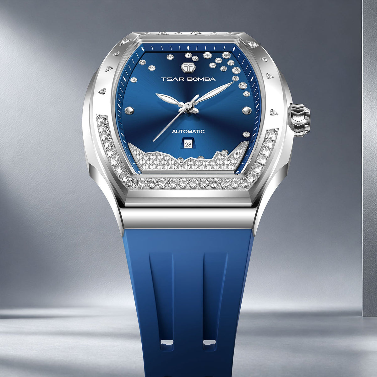 Tsar Bomba Lumina Blue — Standing in front view against soft drapery, available at IFL Watches.