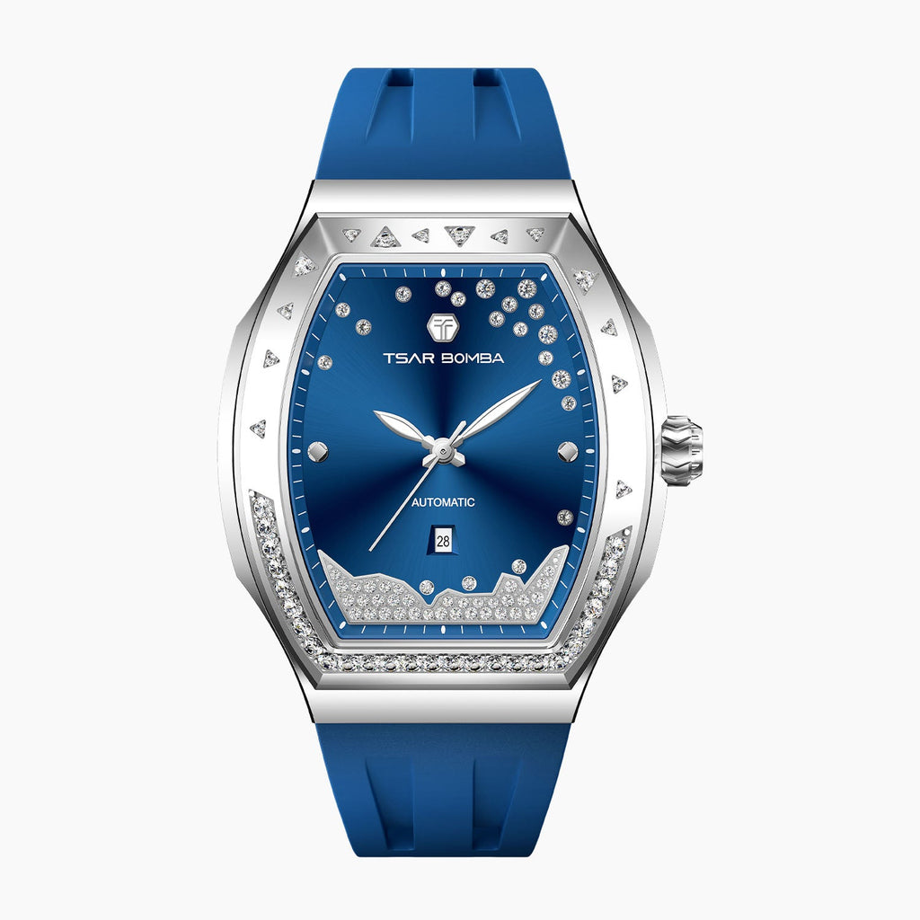 Tsar Bomba Lumina Blue — Front view of the blue sunray dial with diamond trail, pavé mountain ridge and date window, 35mm steel tonneau case, available at IFL Watches.