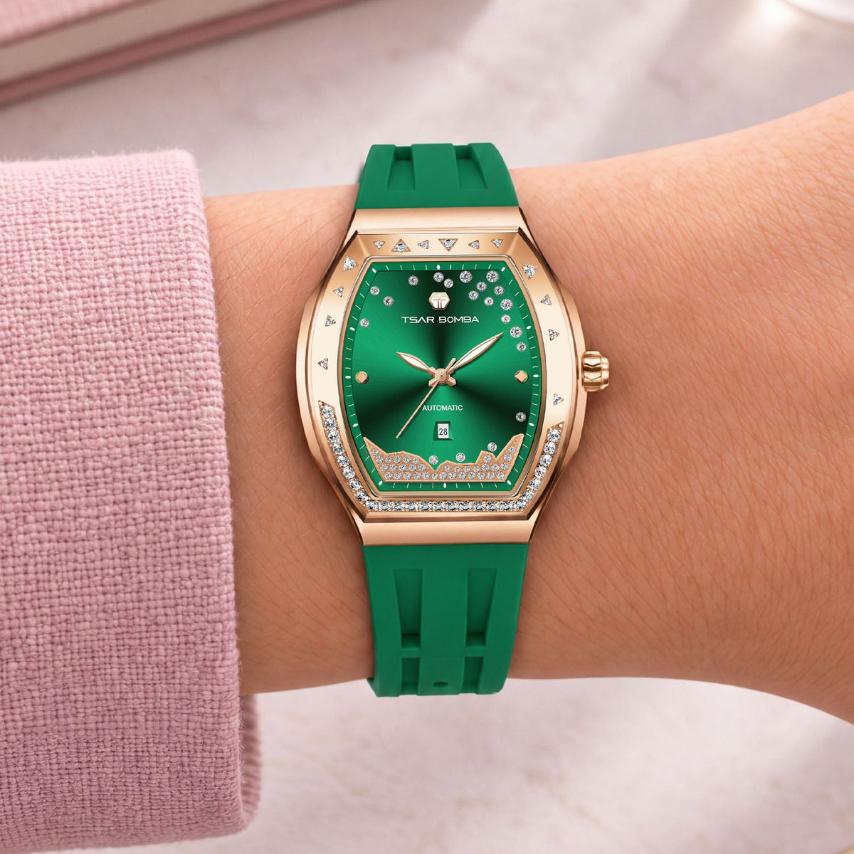 Tsar Bomba Lumina Green — Worn on wrist, showing the tonneau case and strap, available at IFL Watches.