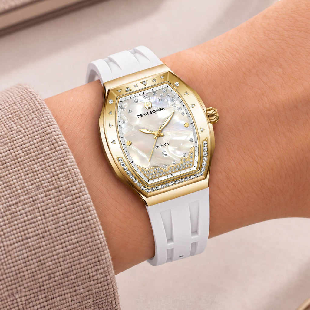Tsar Bomba Lumina White Gold — Worn on wrist at an angle, showing the crown and bezel stones, available at IFL Watches.