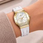 Tsar Bomba Lumina White Gold — Worn on wrist at an angle, showing the crown and bezel stones, available at IFL Watches.