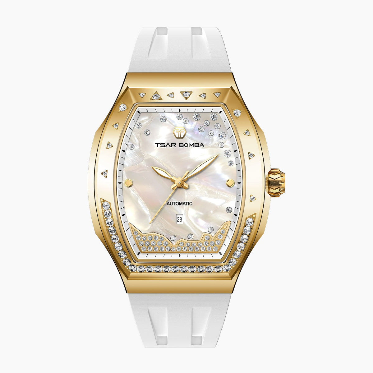 Tsar Bomba Lumina White Gold — Front view of the pearly white dial with diamond trail, pavé mountain ridge and date window, 35mm gold-tone steel tonneau case, available at IFL Watches.