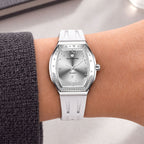 Tsar Bomba Lumina White Silver — Worn on wrist, showing the tonneau case and strap, available at IFL Watches.