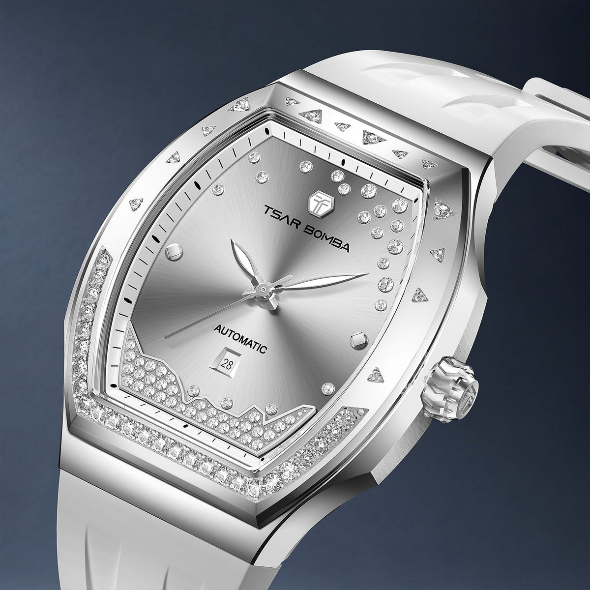 Tsar Bomba Lumina White Silver — Close angled view of the lab-grown diamonds across the dial, available at IFL Watches.